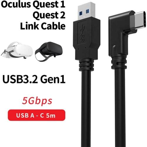 16FT 5M VR Link Cable For Oculus Quest/Quest 2 VR Headset USB 3.2 Type-C 90° Angle Adapter Cable High-speed Charge Data Transfer