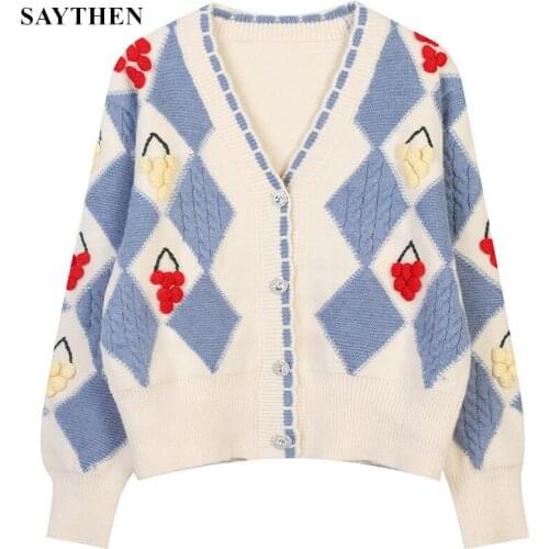 SAYTHEN Cardigans Women 2021 Autumn Winter V Neck Single Braested Long Sleeve Vintage Argyle Plaid Korean Fashion knittingTops