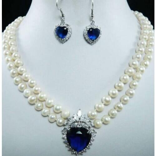 6-8mm Natural White Pearl Blue Crystal Pendant Necklace + Earrings Set