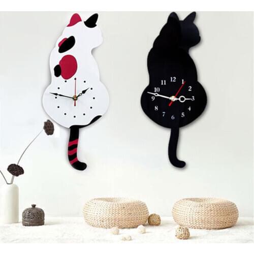 Creative Cute White/Black Wagging Tail Cat Wall Clock for Kids Bedroom Wall Decorative Wall Clocks Wagging Tail