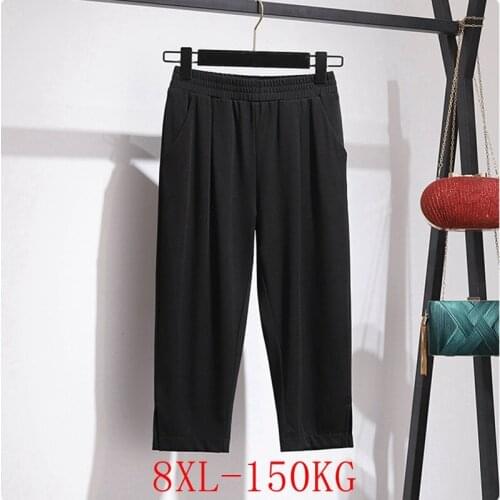 Summer plus size cropped trousers high stretch 4XL-8XL hip 160CM womens loose solid color plus size bottoming cropped trousers