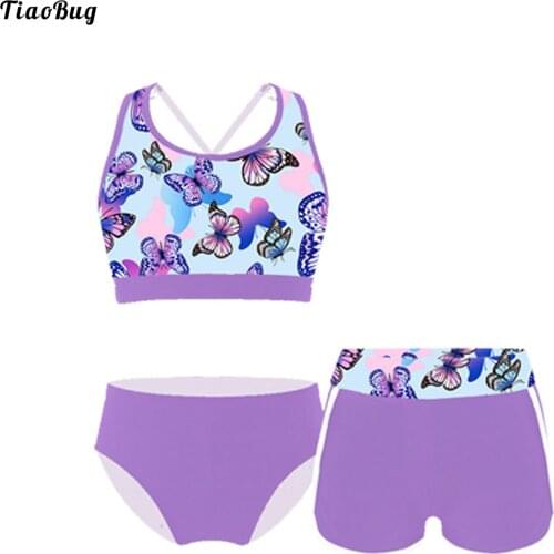 TiaoBug Summer 3Pcs Kids Girls Swimwear U Neck Cross Straps Print Crop Tops With Shorts Briefs Beach Pool Bathing Rashguard Suit