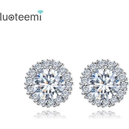 LUOTEEMI Classic New 8MM Round Cubic Zircon Crystal Micro Pave Setting Deluxe Design Geometry Bridal Jewelry Earrings Stud Women