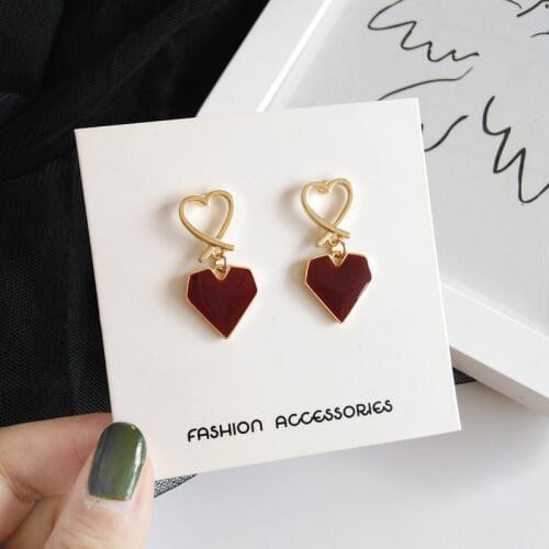 Fashion Heart-shaped Dangle Earrings Retro Joker Enamel Wine red Heart Contracted Long Earrings for Women Wedding Jewelry