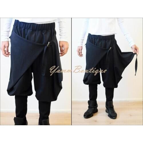 Men Black Casual Drop Crotch Wrap Harem Ninja Pants // Wrap Skirt Layered Joggers