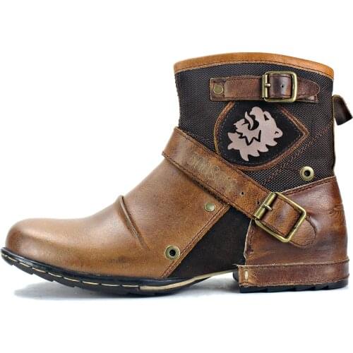 Genuine Leather Mens Ankle Boots High Quality Cowboy Chukka Boots Zipper-up Motorcycle Boots Men Western 5008-1-E--N-BROWN