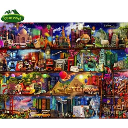 YUMEART Square Drill 5D Diamond Painting DIY Diamond Embroidery World Travel Bookshelf Cross Stitch Rhinestone Mosaic Wall Decor
