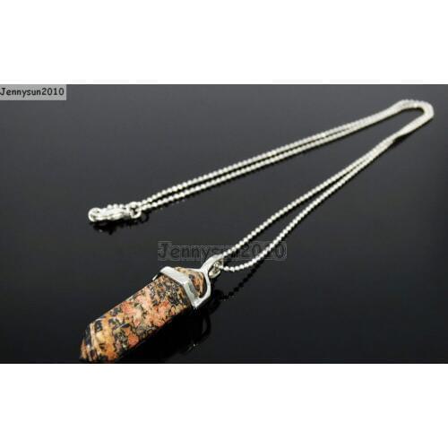 Natural Leopard Skin Gems Stones Hexagonal Pointed Healing Reiki Chakra Pendant Silver 17'' Chain Necklace 5Sets/Pack