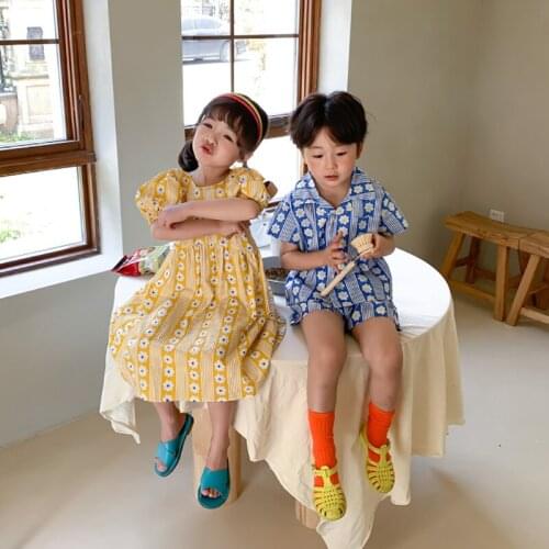 2021 New Fashion Childrens Clothes Set Cute Floral Striped Print Sibling Set Summer Hot Selling Kids Outfit