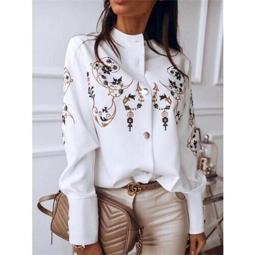 2021 new women 's shirt fashion printing stand up collar - single - breasted texture button white long - sleeved shirt women