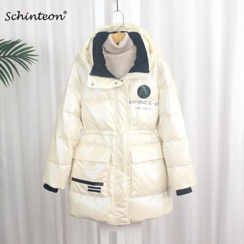 Schinteon Women White Duck Down Jacket Casual Slim Coat Hood Warm Autumn Winter Waterproof with Drawstring Snow Outwear Fashion