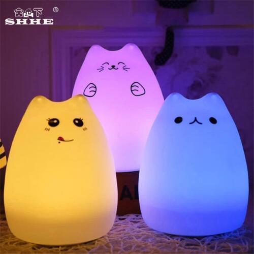 Silicone Touch Sensor LED Night Light Children Baby Kids Lamp Cat Lamp 7 Colors 2 Modes USB Rechargeable For Children Baby