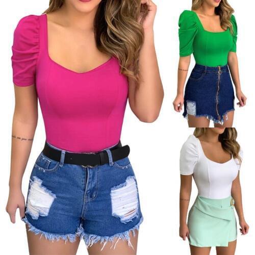 2020 New Lady Blouse Sexy Square Collar Pleated short-sleeved Top Fashion Street Solid Color Wild Lady Blouse