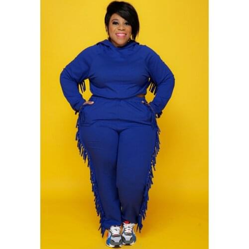 ZJFZML ZZ Women Clothing Two Piece Set Plus Size Hooded Full Sleeve Sweatshirt+side Tassels Sweatpant Dropshipping Wholesale