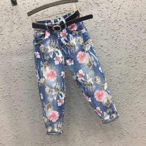 2021 summer spring womens female high waisted floral printed ankle length harem denim trousers , jeans pants for woman