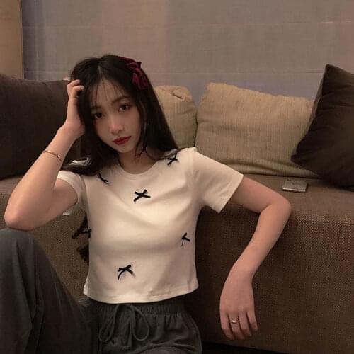 Woman TShirts 2021 Summer Bow Short-Sleeved T-shirt Womens Top Crop Top Mujer Camisetas