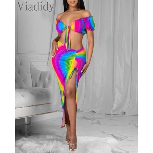 Women Colorblock Print Strapless Top & Shirring Side Slit Irregular Skirt Set