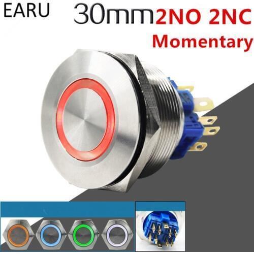 1pc 30mm 2NO 2NC Metal Stainless Steel Waterproof Momentary Doorebll Horn LED Push Button Switch Car Auto Engine Start PC Power