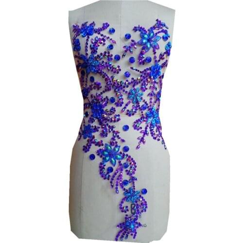 Bridal Bodice Patches, Heavy Beaded Sequins Mesh Lace Applique, Royal Blue/Purple/Colorful Sew On Lace Motif 60*30cm 1 Piece