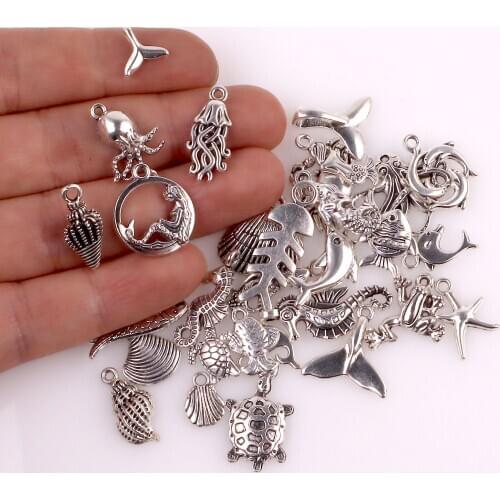 30Pcs/Lot Mix Sea Animal Mermaid Tail Charms Making Shell and Dolphin Pendant Earrings Bracelet Jewelry Making