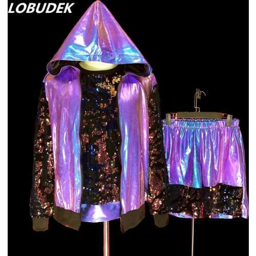 Flashing Sequins Purple HIP HOP Baseball Uniform Performance Suit Nightclub Tide Mens Singer Dancer Stage Outfits Rock Show