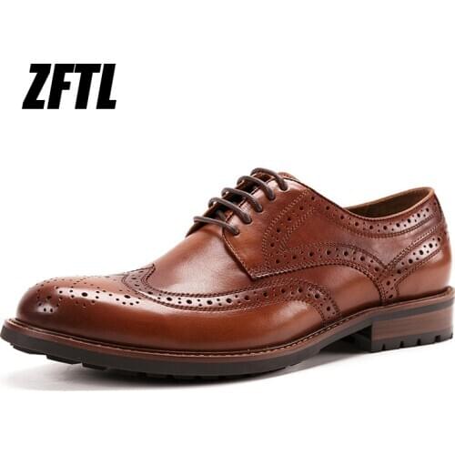 ZFTL Mens Brogue shoes Genuine Leather man Dress shoes male Oxford shoes Business shoes man lace-up formal shoes Black Brown