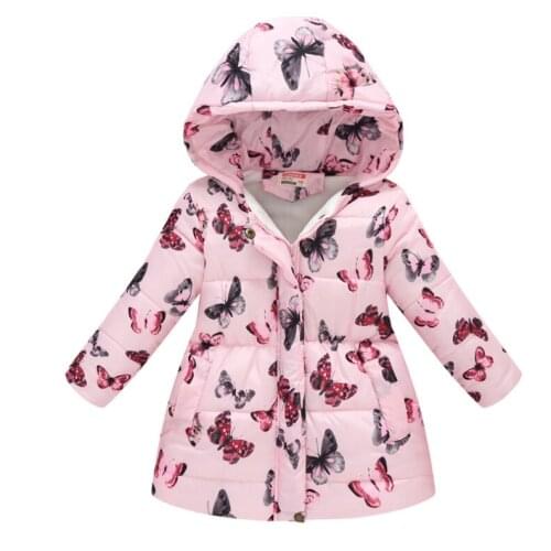 Childrens Long-sleeved Cotton Jacket Girl Sweet Butterfly Pattern Mid-length Hooded Coat