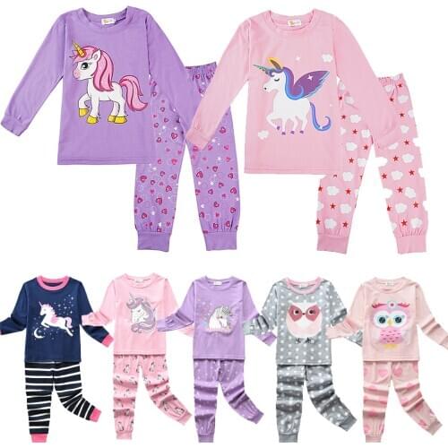 Kids Girl Pajamas Unicorn Cartoon PJS with Owl Printed Cartoon Loungewear for Children 2-8T