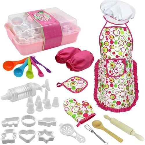 Kids Chef Hat Apron Mitt Food Mold Spoon Whisk Pretend Play Baking Tool Toy Set