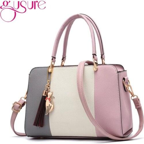 Gusure Elegant Pathwork Women Bag Handbag Shoulder Bags Cartoon Cat Tassel Hanging Crossbody Top Handle Handbags New Arrival