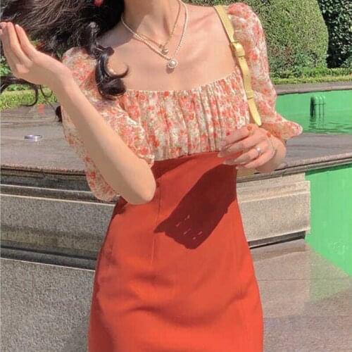 Elegant Floral Dress Women Summer 2021 Print Bodycon Sexy Split Party Midi Dress Puff Sleeve Pretty Vintage Fishtail Dress Boho