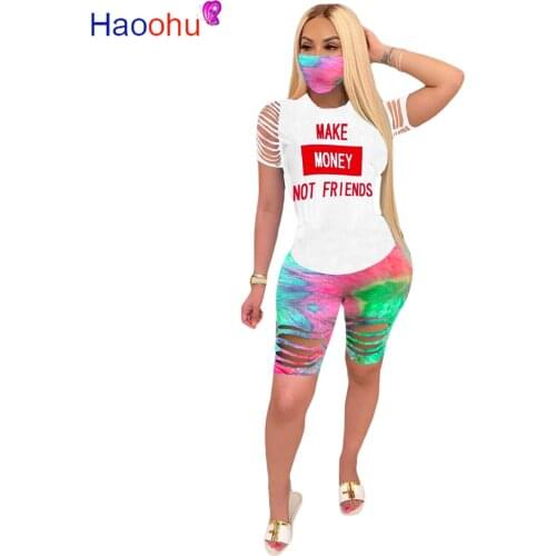 HAOOHU Sport Women Two Piece Set Make Money Letter Tee Tops Tie Dye Shorts Jogger Sweatpants Suit Tracksuit Matching Set Outfit