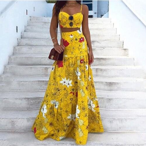 Skirts Sets Sexy Sling Crop Tops And Long Skirts Two Piece Set Women Floral Print Big Swing Skirts Female Siuts Conjuntos De