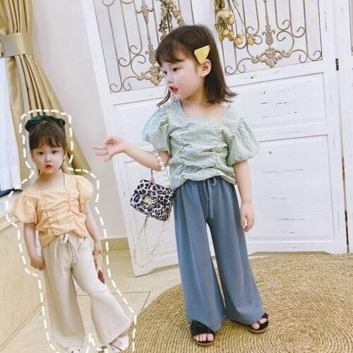 Summer Girls' Chiffon Pleated Retro Puff Sleeve Childrens Clothing Short Sleeve Shirt/T-shirt Baby and Infant Tops