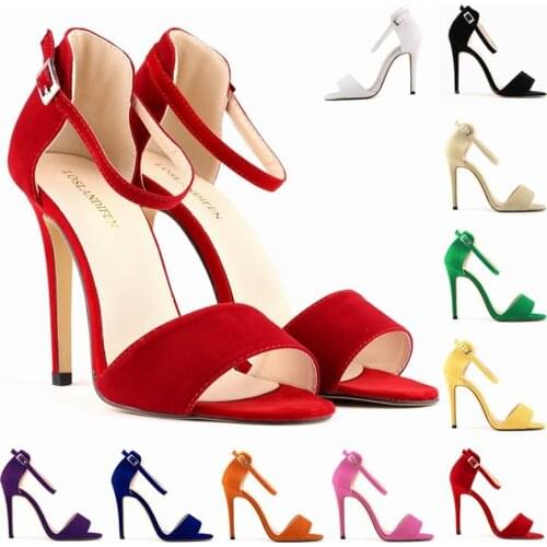 LOSLANDIFEN Thin Heel Concise Women Sandals 11cm Flock Fashion Buckle High Heels Shoes Peep Toe Womens Dress Sandal 2021 Summer