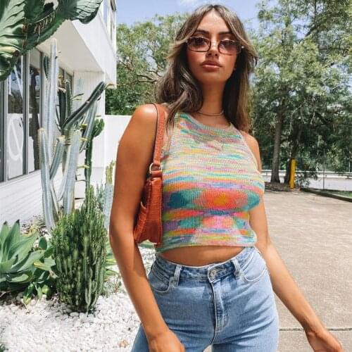 Y2K Tie-dye Knit Tank Tops Women Summer Sleeveless Slim Fit Basic Vest Casual Sexy Club Crop Tops Female Streetwear