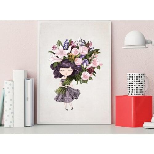 Cute Girl With Flowers Art Print Pictures And Poster , Cute Beautiful Girl Canvas Art Painting Kids Girl Room Decoration