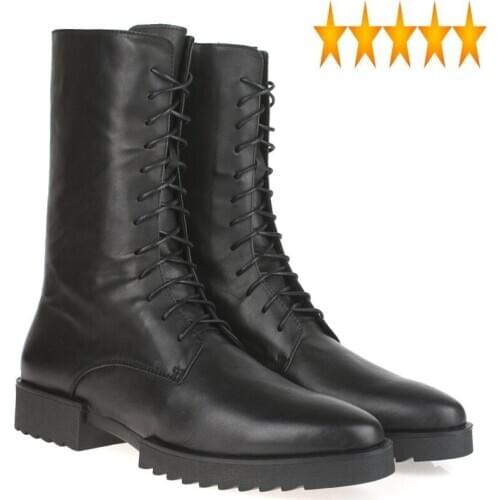 High Motorcycle Mens Lace Up Top Mid-calf Winter Genuine Leather Military Safety Shoes Male Med Heels Runway Riding Boots