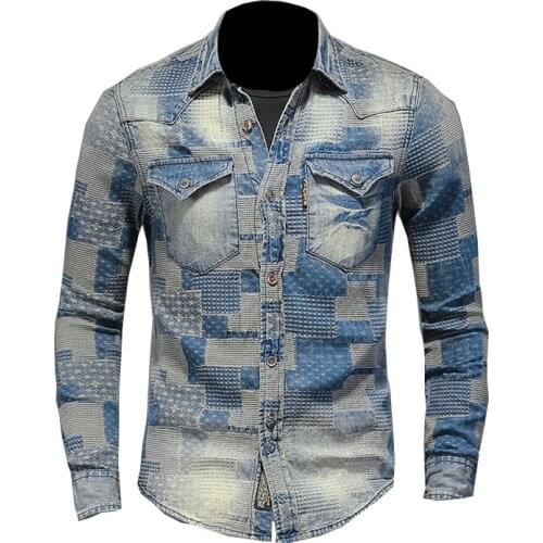 Long-sleeved lapel patch retro mens shirt denim literary personality plaid casual style long-sleeved slim jacket