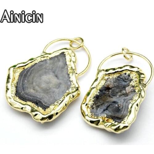 New Arrival Free Form Shape Natural Mushroom Agate Clay Paved Gold Palting Big Circle Pendants 10pcs