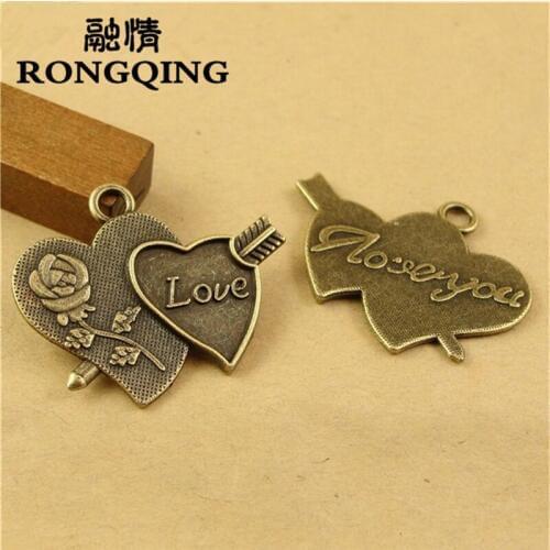 RONGQING 40pcs/lot 27*33MM Antique Bronze LOVE YOU Heart Charms Piercing Heart Rose Flower Charms for Jewelry Making Lot
