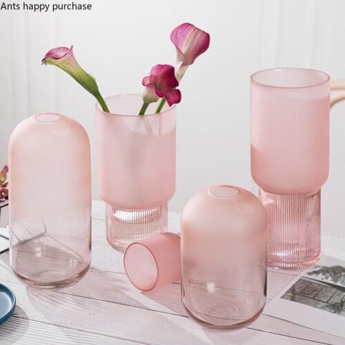 Pink Frosted Glass Vase Desktop Ornaments Flower Arrangement Bottle Decorative Bottle Hydroponics Flower Vase Terrarium Decor