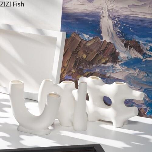 Modern White Geometric Ceramic Vase Art Artificial Flowers Hydroponic Flower Vase Decor Living Room Coffee Table Home Decoration