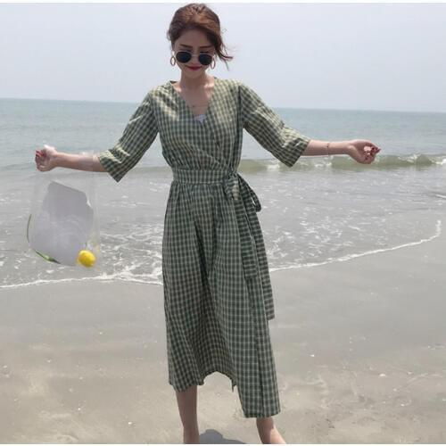 Vintage lattice Boho Dress Women Sexy Maxi Beach Summer Dress Vestidos Short Sleeve Sash Split Retro Dress