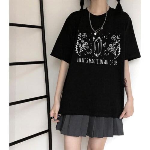 Theres Magic In All Of Us Letter T-shirt Aesthetic Crystal Moon Wiccan Harajuku Vintage Women Short Sleeve Graphic Witch Tops