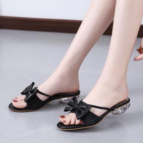 Summer new style large size womens shoes 34-43 sandals and slippers fashion fish mouth bow crystal low heel sandals