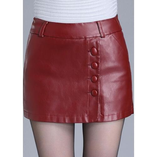 Autumn Winter Fashion Casual Women Buttons Wine Red Black PU Leather Shorts Skirts , Spring Slim 3XL 4xl Shorts For Woman