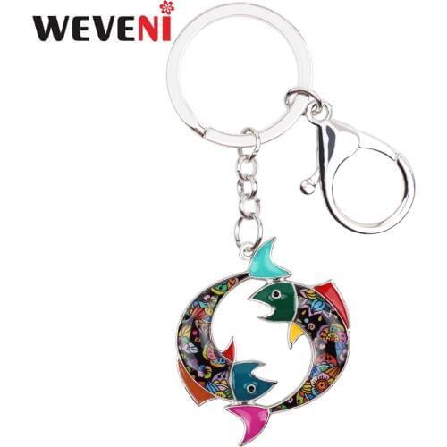 WEVENI Enamel Twelve Constellations Lucky Zodiac Pisces Key Chain Women Holder Gift Bag Pendant Charms Car key Wallet the Fishs