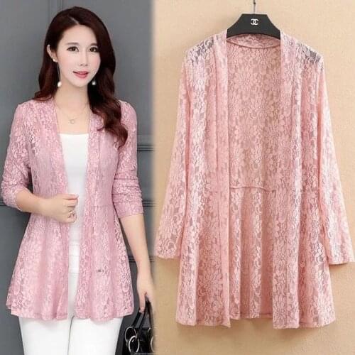 5XL Plus Size Tops 2021 New Arrival Summer Sexy Cardigan Hollow Sunscreen Lace Jacket Women Casual Long Sleeve Thin Coat Y984