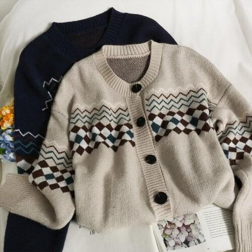 Retro Fashion Plaid Sweater Cardigan Womens Autumn Winter Loose Round Neck Single Breasted Preppy Style Causal Knitwear